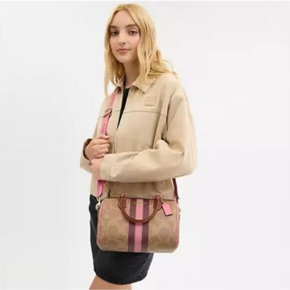 💕COACH💕 Rowan Satchel Bag ~ Signature Canvas Stripe Print Pink NWT - Picture 6 of 8